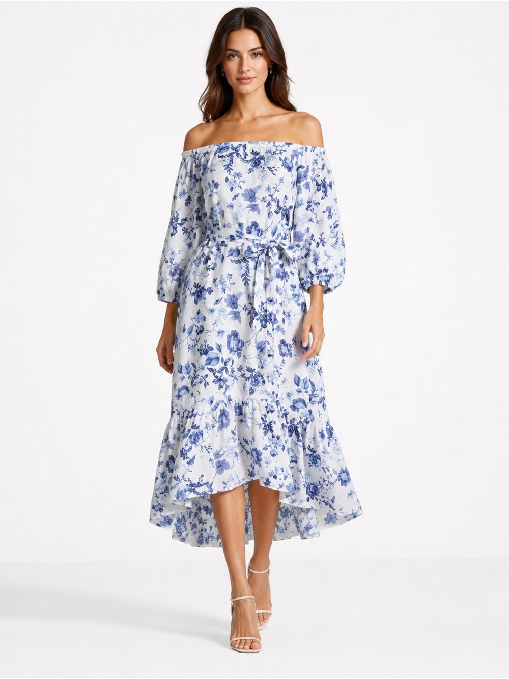 Saks Fifth Avenue 100% Linen Blue Floral Off Shoulder Midi Dress – Size Small